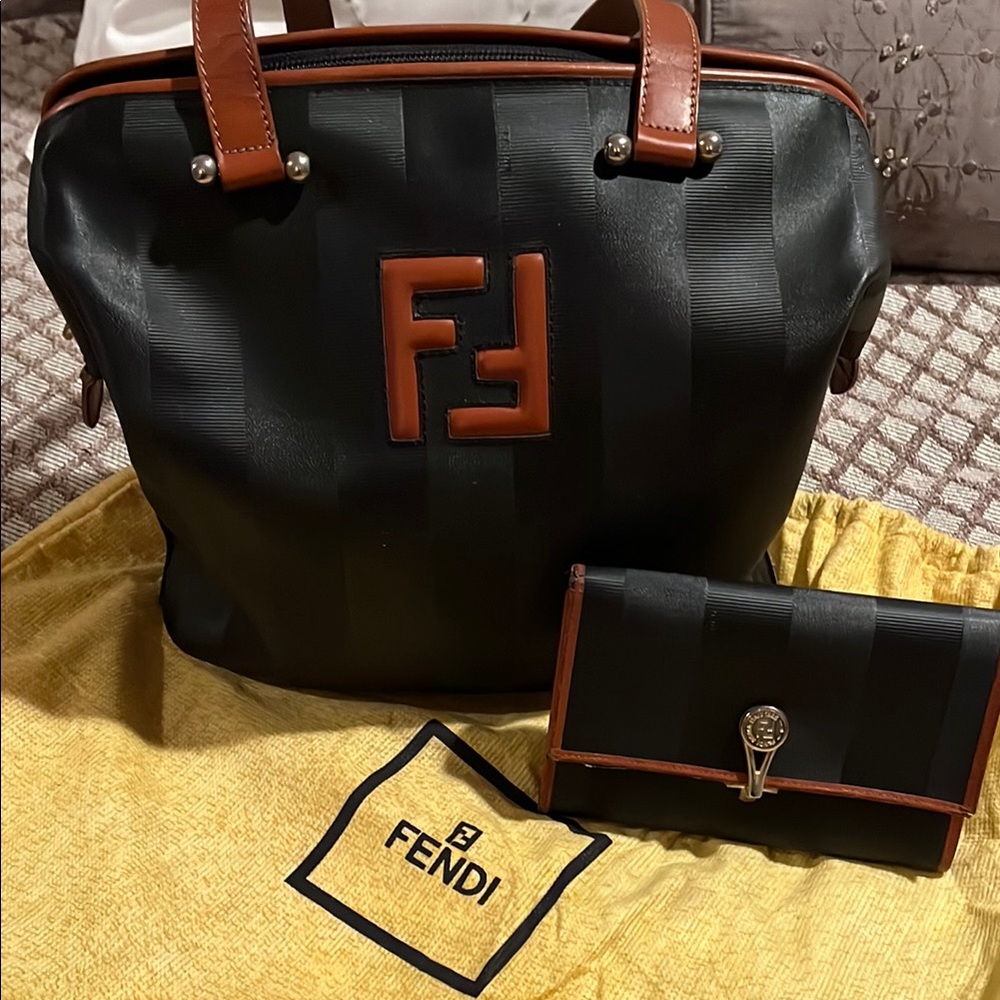 Fendi Black and Brown Handbag with Wallet